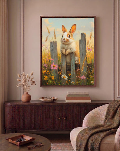 Wildflower bunny framed canvas printed on cotton canvas, ready to hang