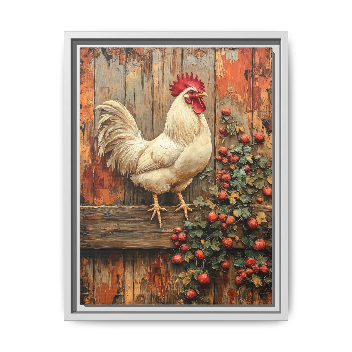 Rooster wall art framed canvas print in a white wood frame