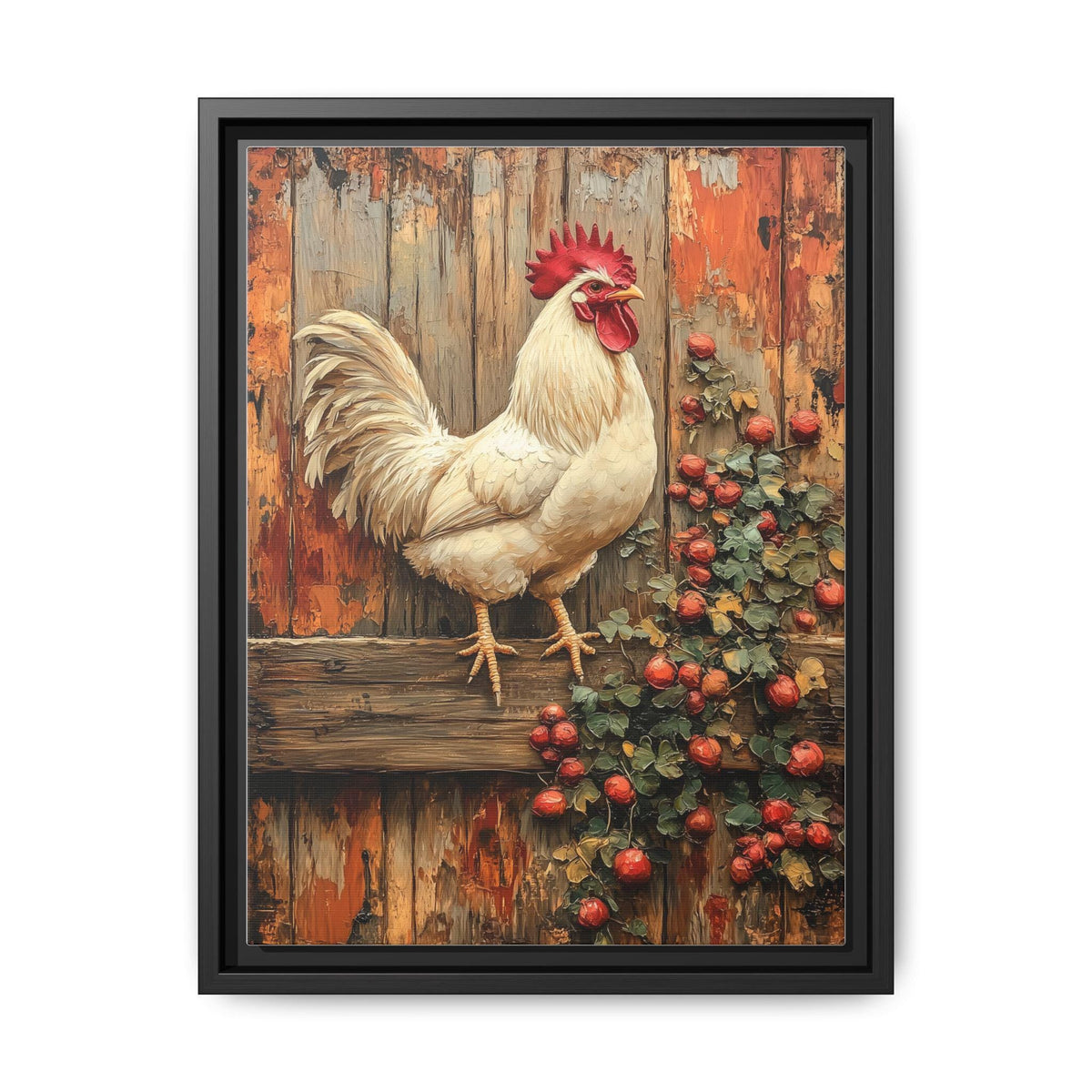 Rooster wall art framed canvas print in a black wood frame
