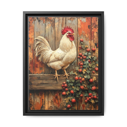 Rooster wall art framed canvas print in a black wood frame
