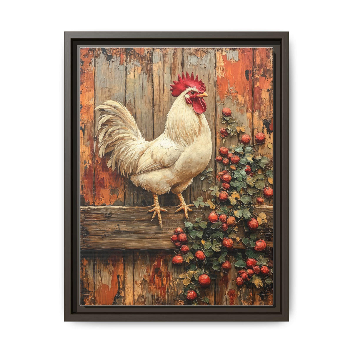Rooster wall art framed canvas print in an espresso wood frame