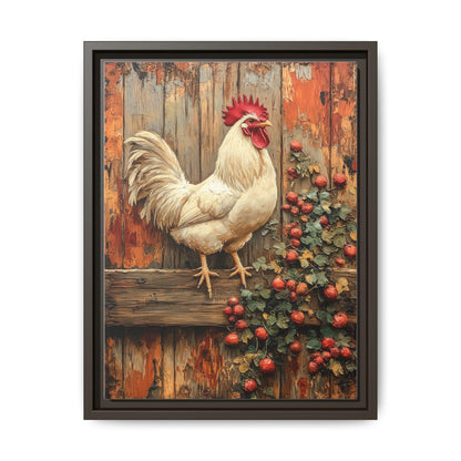 Rooster wall art framed canvas print in an espresso wood frame