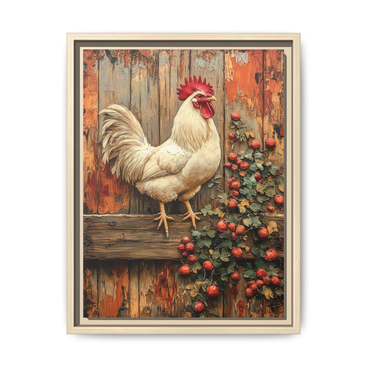 Rooster wall art framed canvas print in a natural wood frame