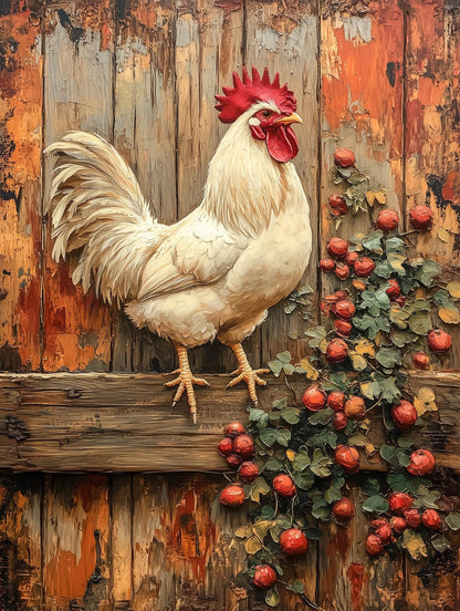 Painterly rooster canvas print against a weathered amber barn wall