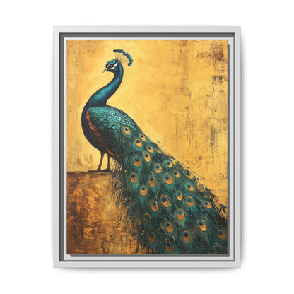 Peacock wall art framed canvas print in a white wood frame