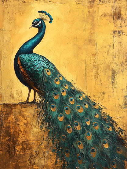 Painterly peacock canvas print in teal, emerald and gold plumage