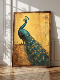 Peacock wall art: a peacock in profile on a stone ledge with a cascading tail