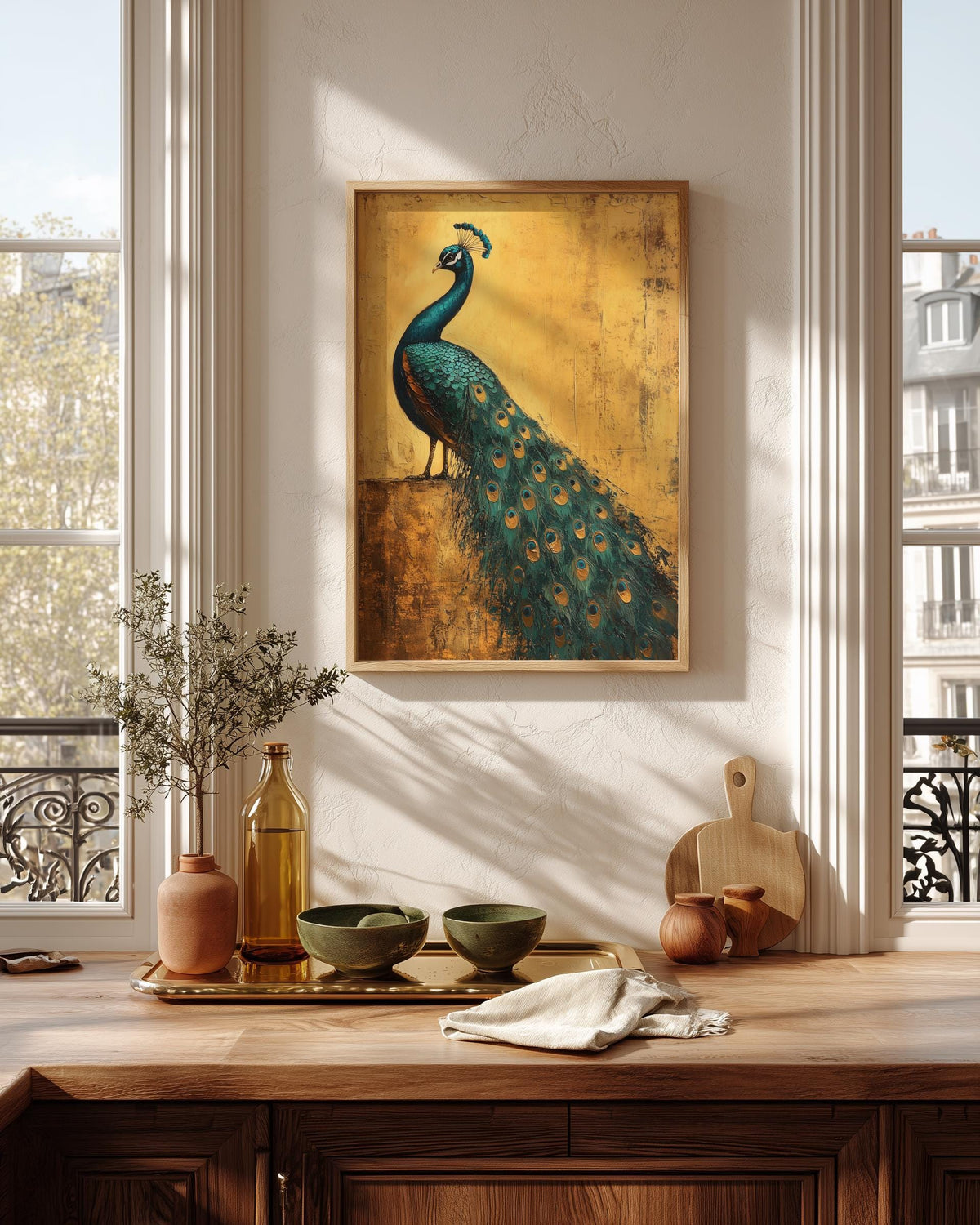 Peacock framed canvas art in a solid wood frame, ready to hang