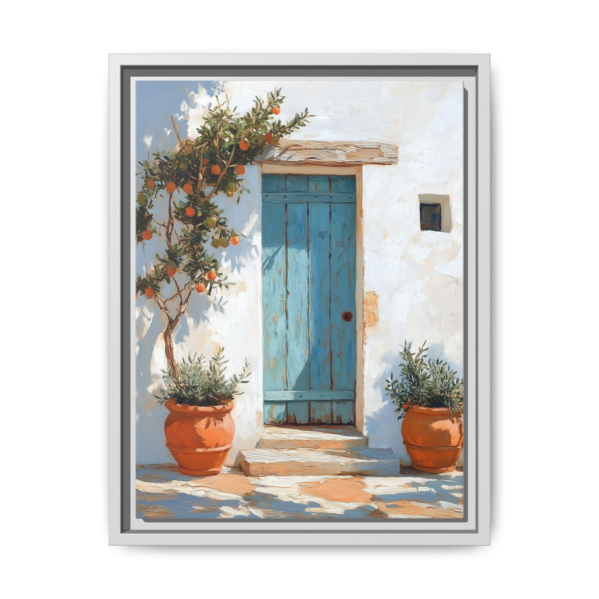 Turquoise Door wall art framed canvas print in a white wood frame