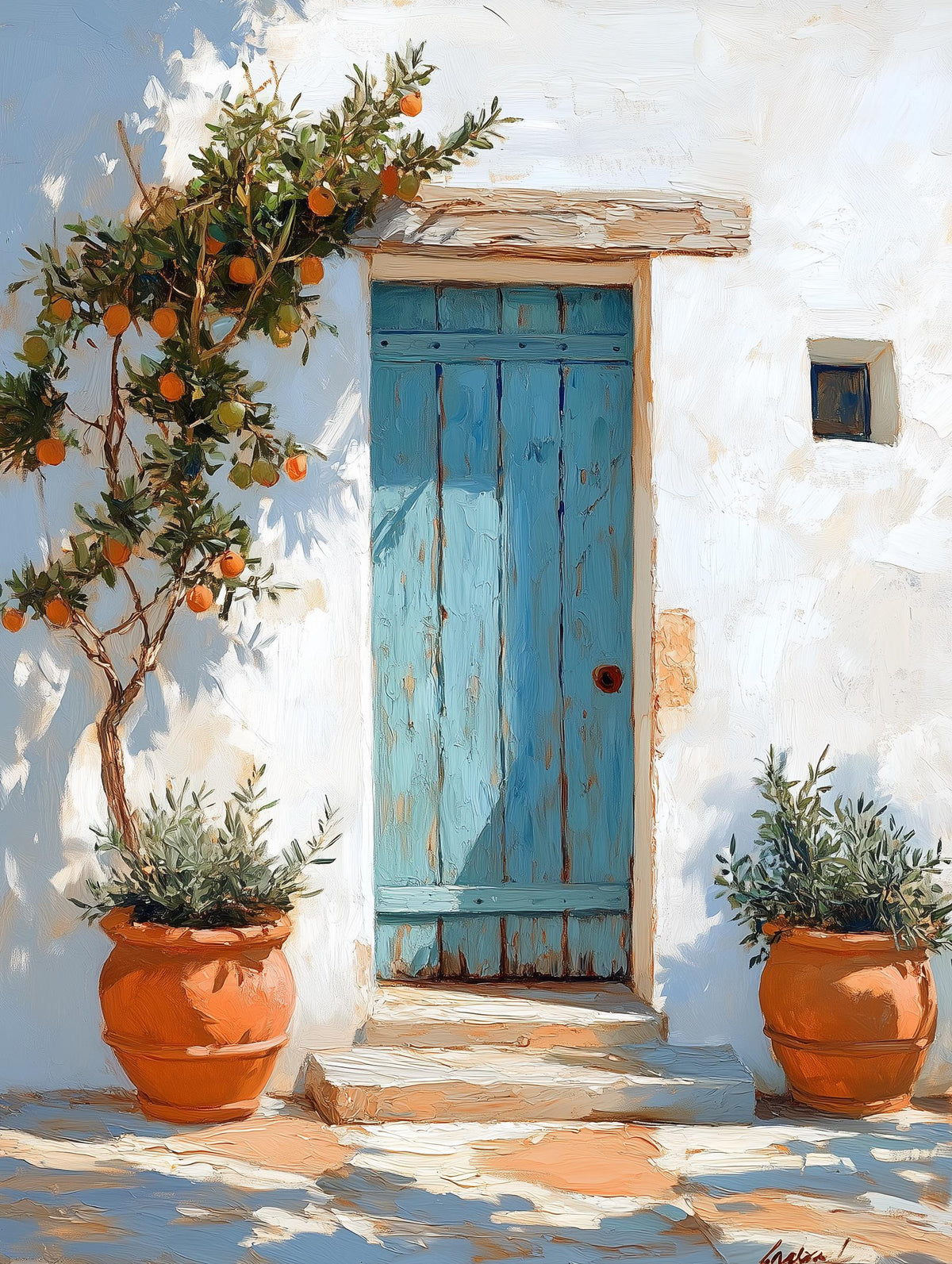 Mediterranean courtyard canvas print with a potted citrus tree spilling over