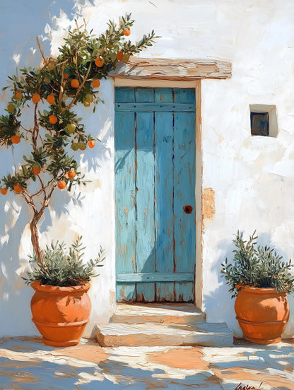 Mediterranean courtyard canvas print with a potted citrus tree spilling over
