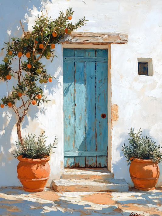 Mediterranean courtyard canvas print with a potted citrus tree spilling over