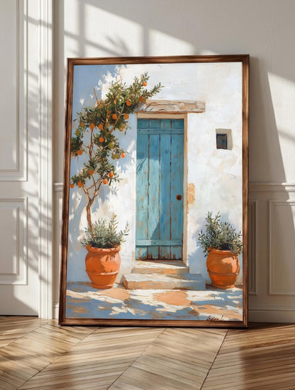 Turquoise door wall art: a weathered Greek door set in sun-washed white plaster