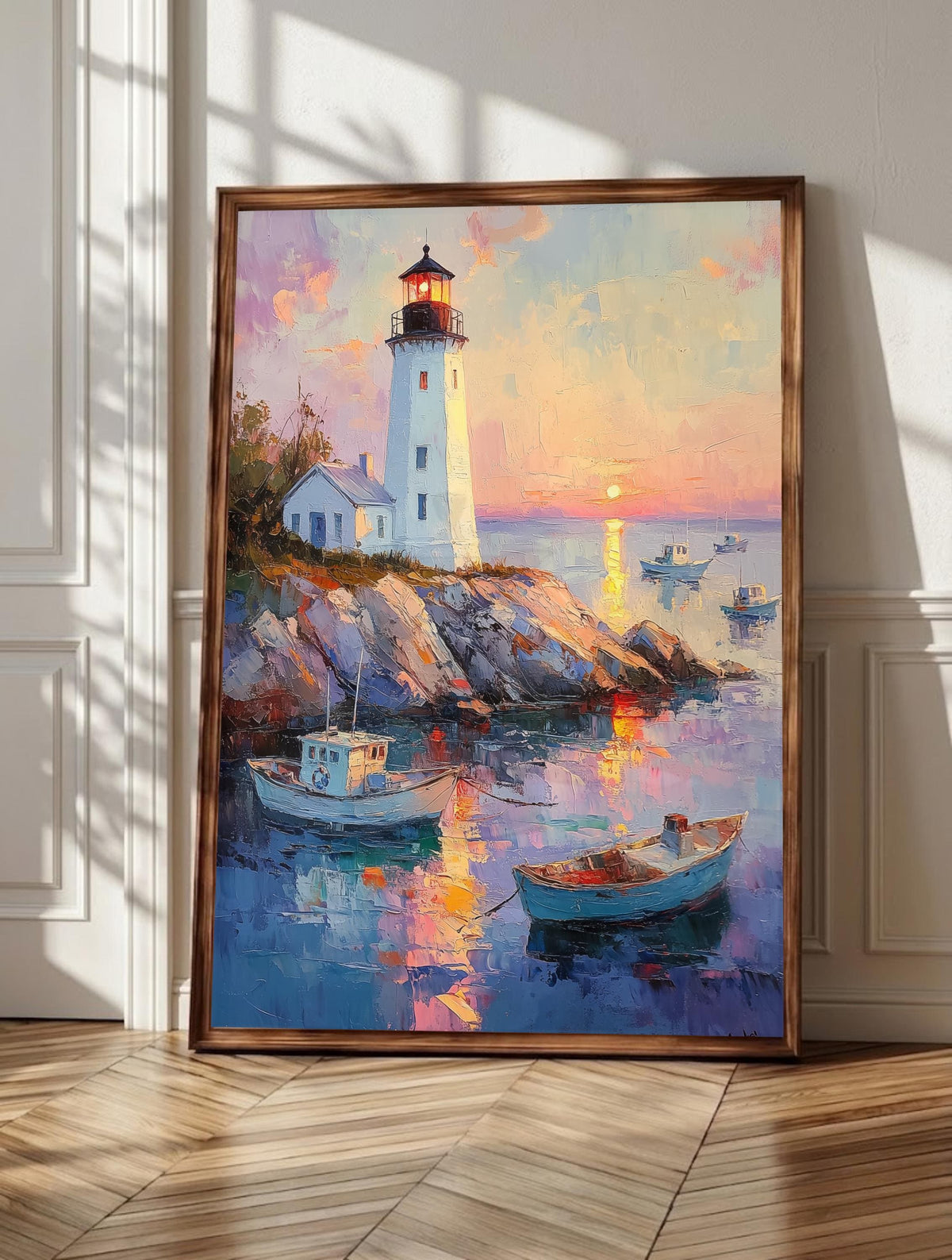Lighthouse wall art: a white lighthouse above a calm harbor at sunrise, framed canvas print