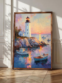 Lighthouse wall art: a white lighthouse above a calm harbor at sunrise, framed canvas print