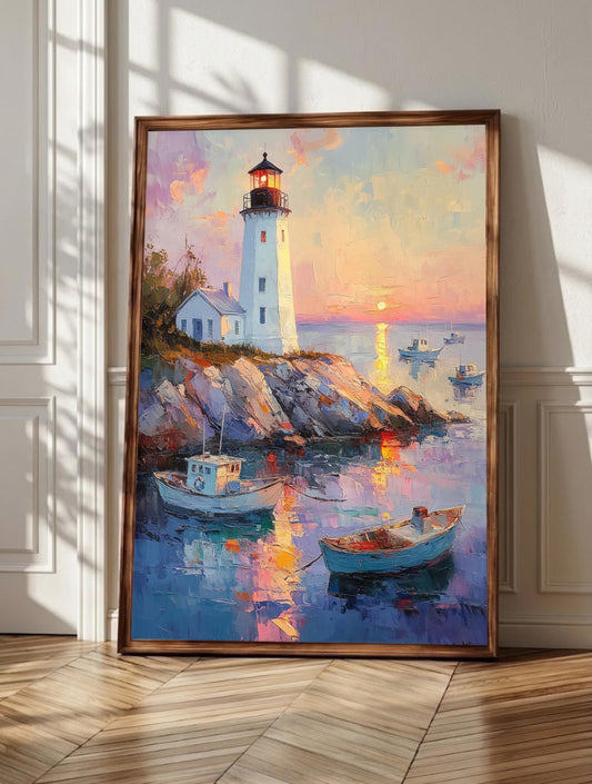 Lighthouse wall art: a white lighthouse above a calm harbor at sunrise, framed canvas print