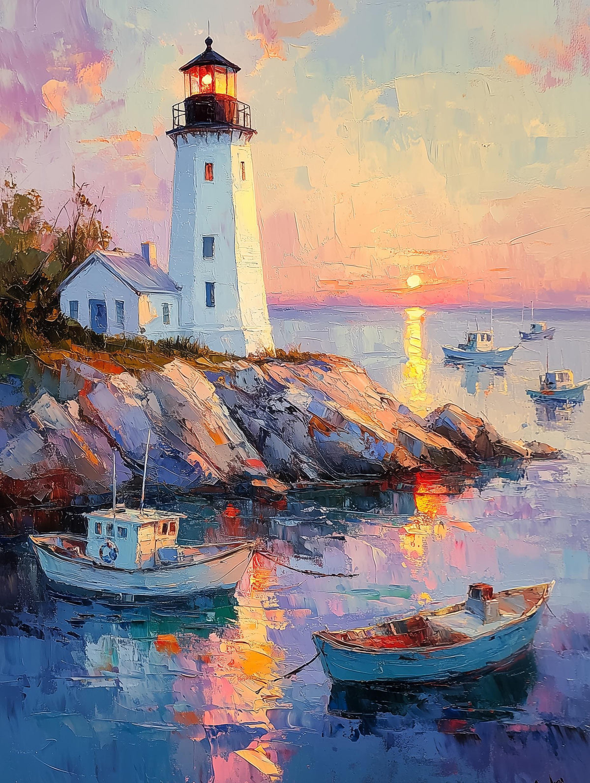 Coastal oil-style painting with fishing boats anchored in pink and gold light