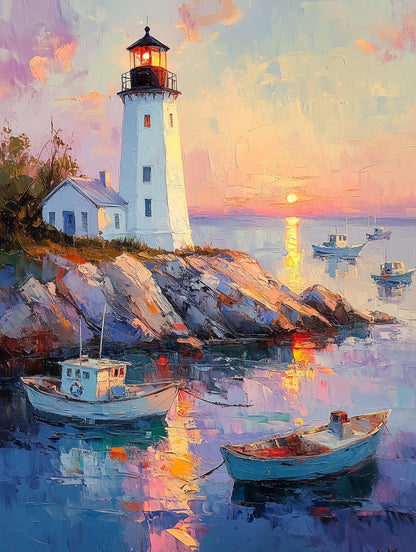 Coastal oil-style painting with fishing boats anchored in pink and gold light