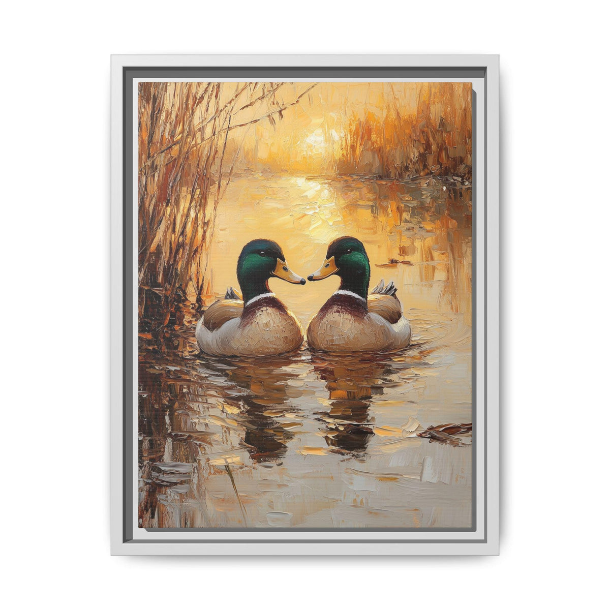 Mallard Duck wall art framed canvas print in a white wood frame