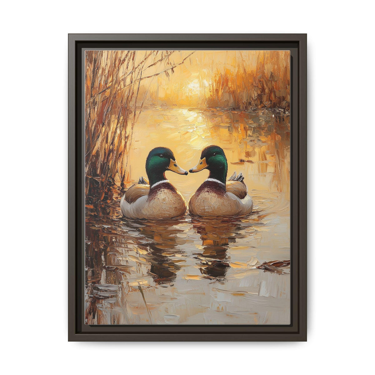 Mallard Duck wall art framed canvas print in an espresso wood frame
