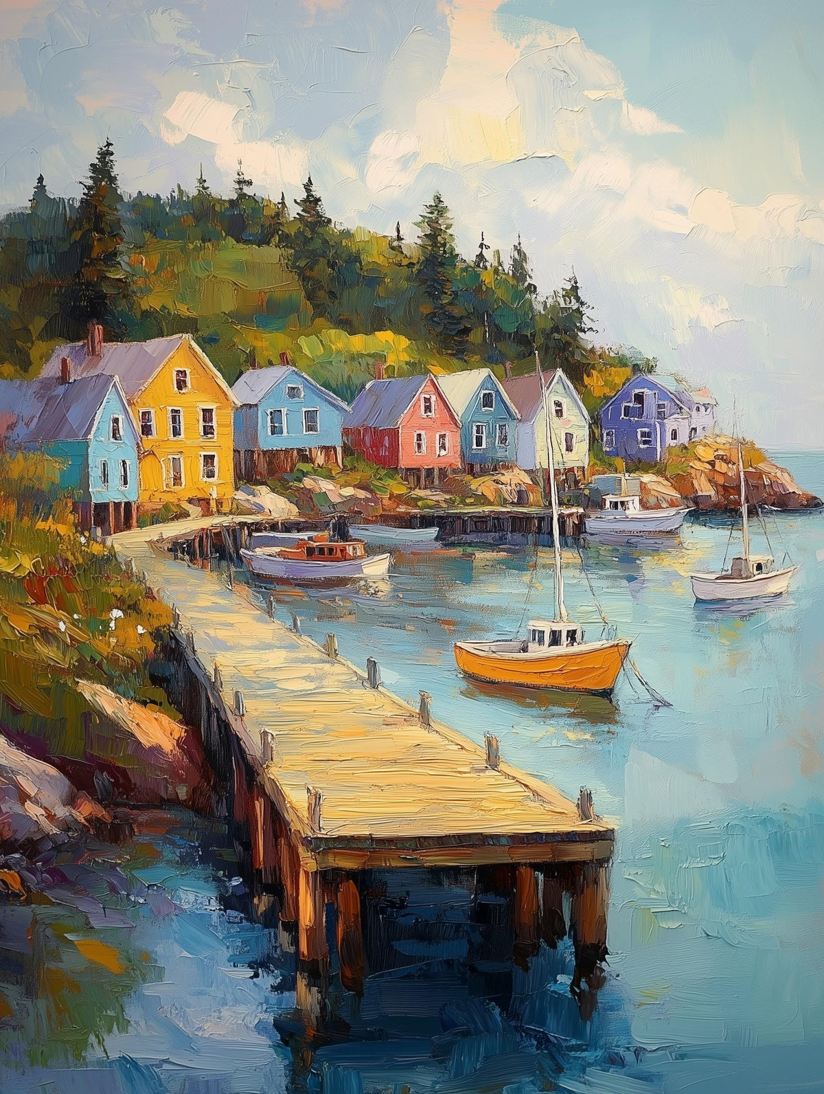 Painterly Maine coast canvas print with sailboats resting on calm harbor water