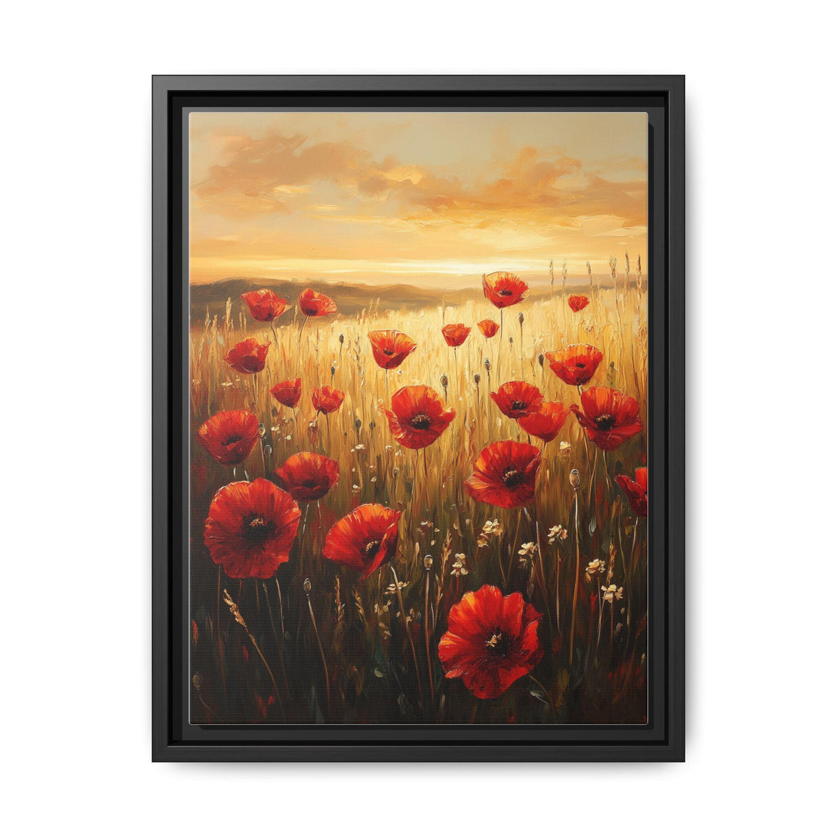 Poppy Field wall art framed canvas print in a black wood frame