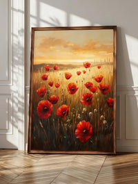 Poppy field wall art: red poppies scattered through tall golden summer grass