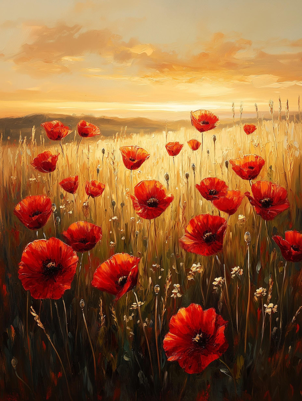 Painterly wildflower meadow canvas print with hazy hills fading at sunset