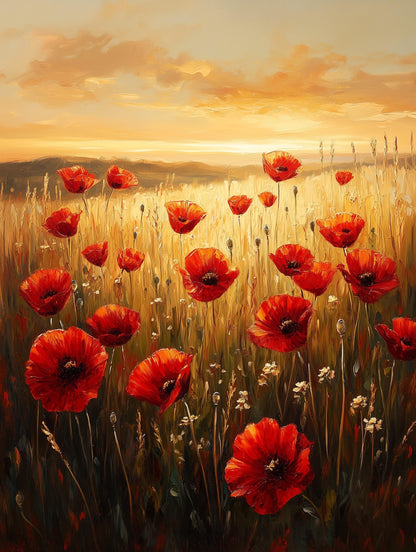 Painterly wildflower meadow canvas print with hazy hills fading at sunset