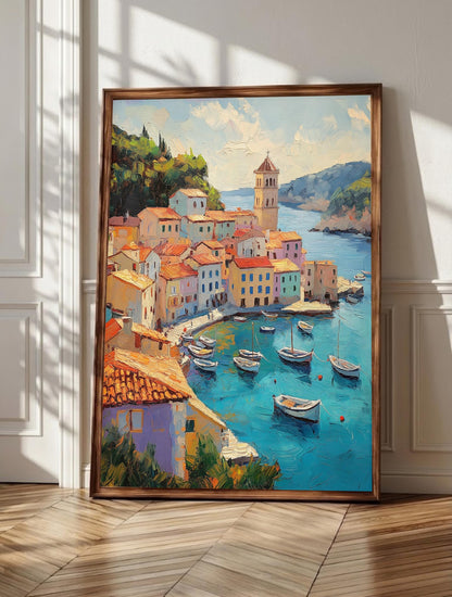 Rovinj wall art: colorful Croatian houses and a bell tower above the turquoise Adriatic