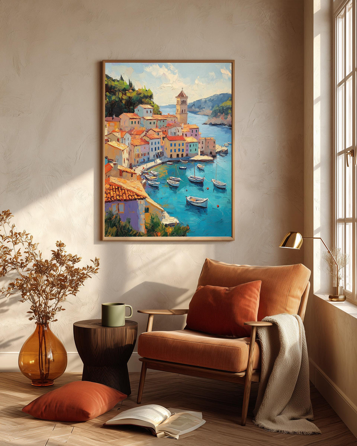 Croatia coastal framed canvas in a handmade solid wood frame, ready to hang