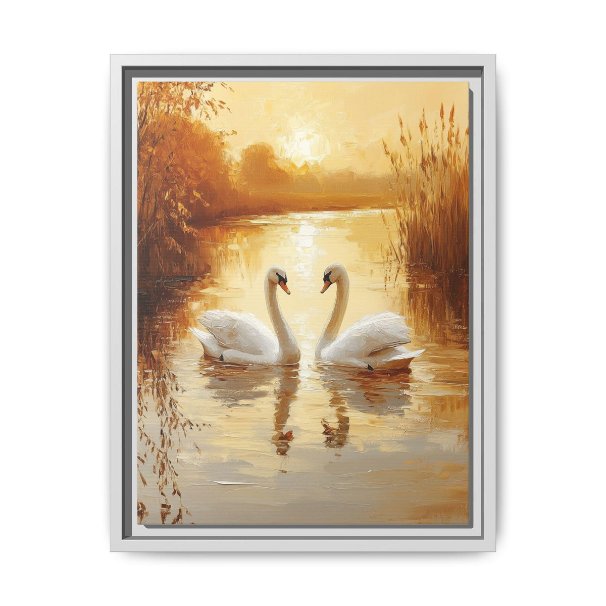 Swan wall art framed canvas print in a white wood frame