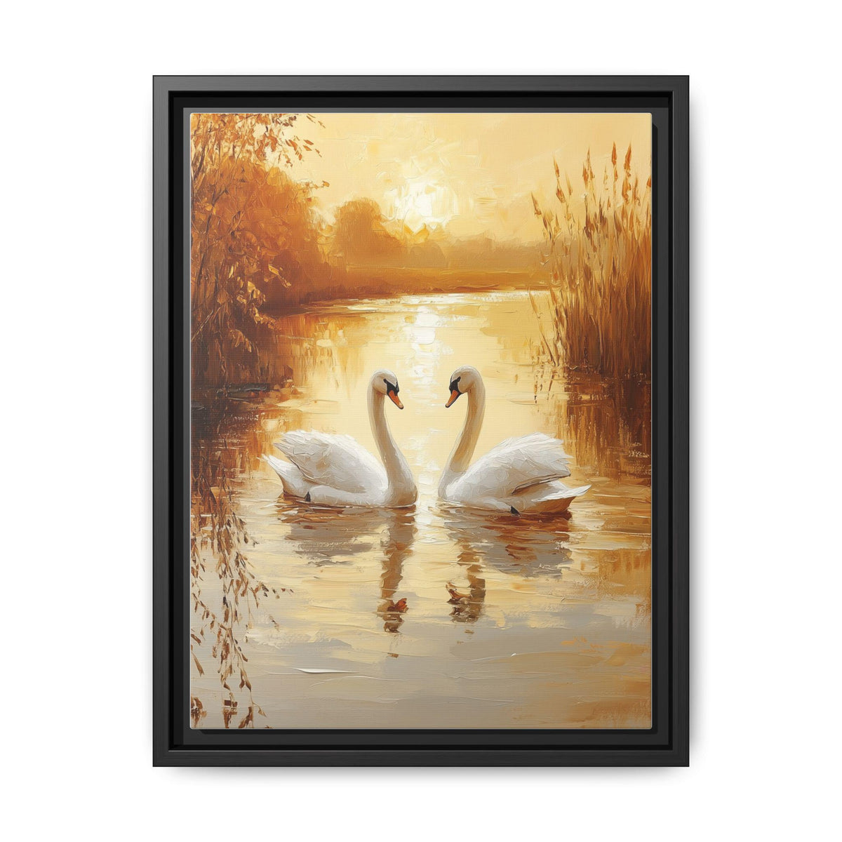 Swan wall art framed canvas print in a black wood frame