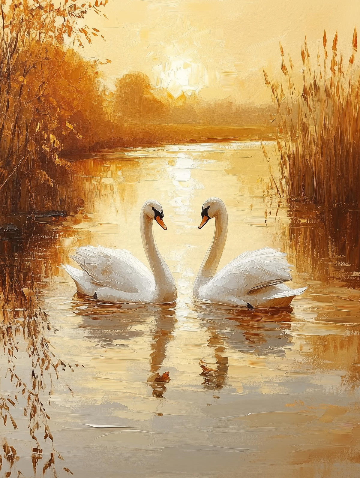 Painterly swan couple canvas print with willows brushed in impasto oils