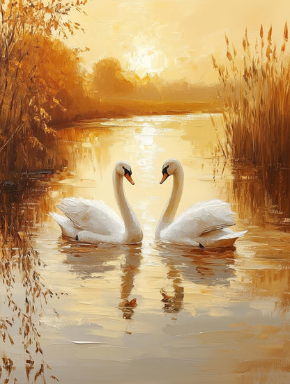 Painterly swan couple canvas print with willows brushed in impasto oils