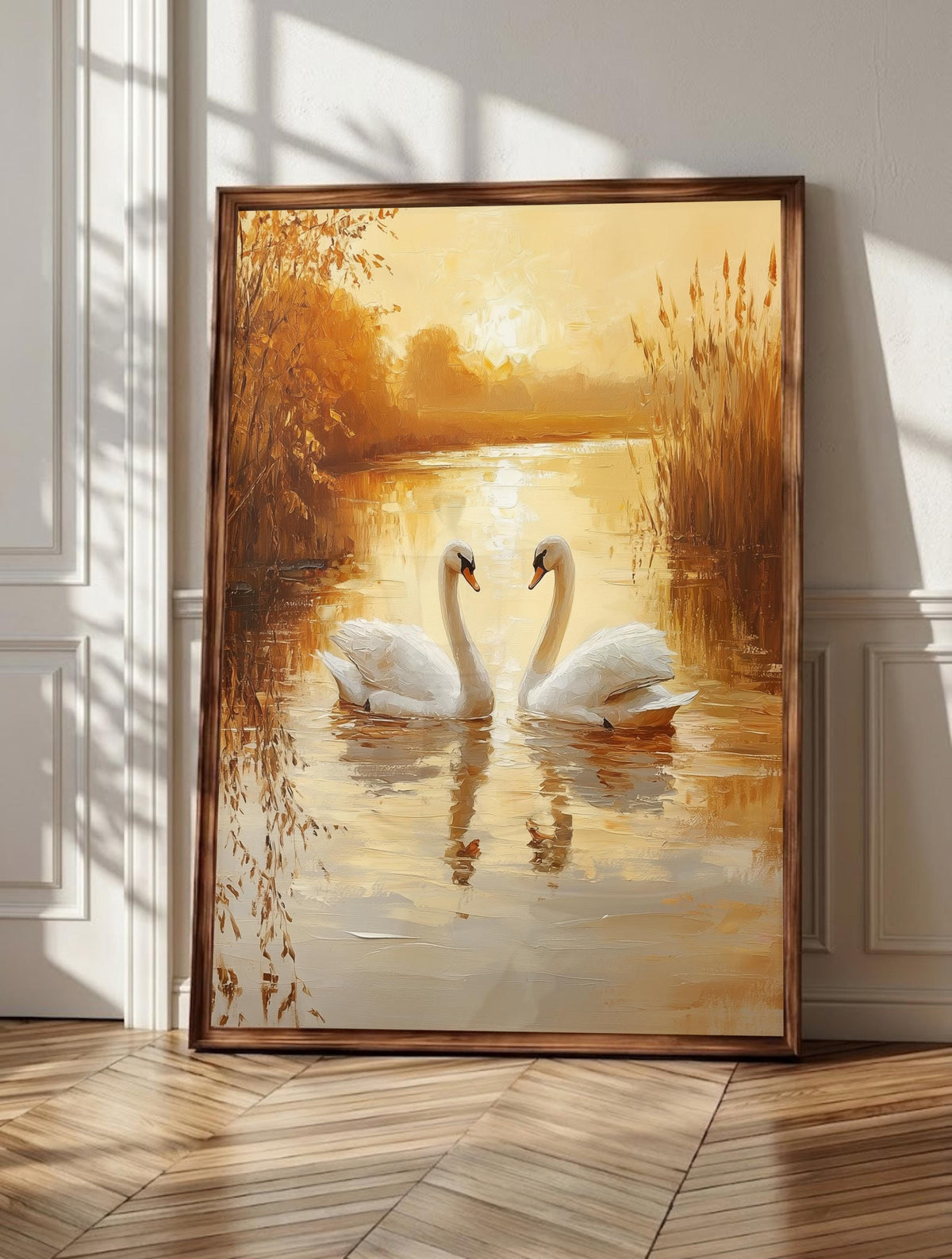 Swan wall art: two white swans meeting in a heart shape on a golden-hour lake