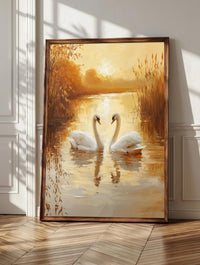 Swan wall art: two white swans meeting in a heart shape on a golden-hour lake