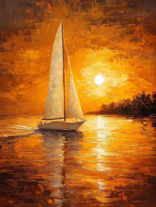 Lake sunset canvas print with impasto brushwork catching gold light on the sail