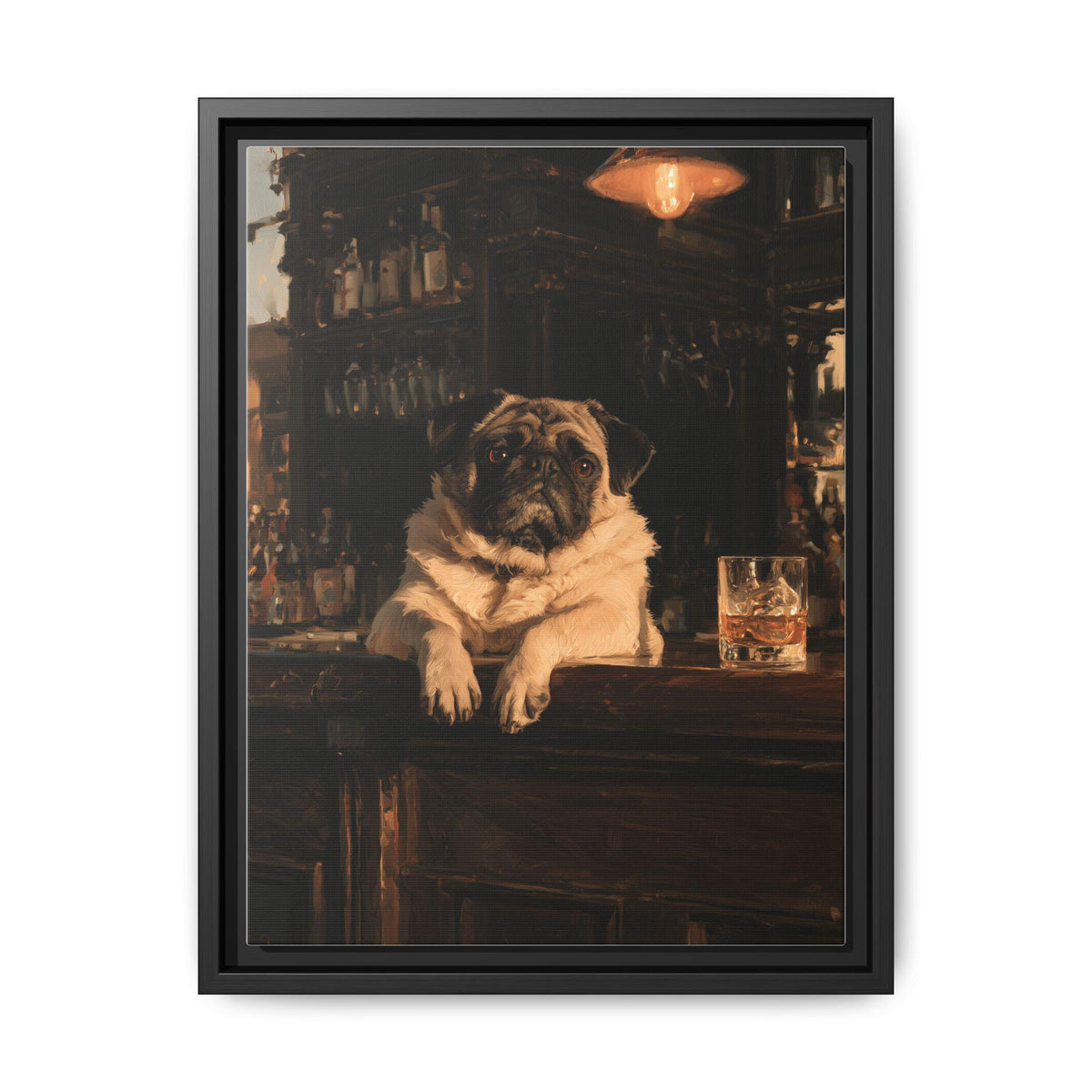 Pug wall art framed canvas print in a black wood frame