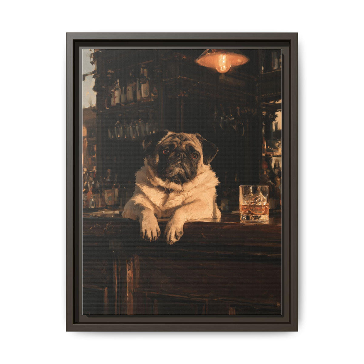 Pug wall art framed canvas print in an espresso wood frame