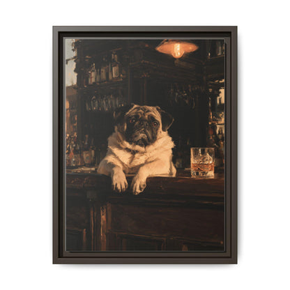 Pug wall art framed canvas print in an espresso wood frame