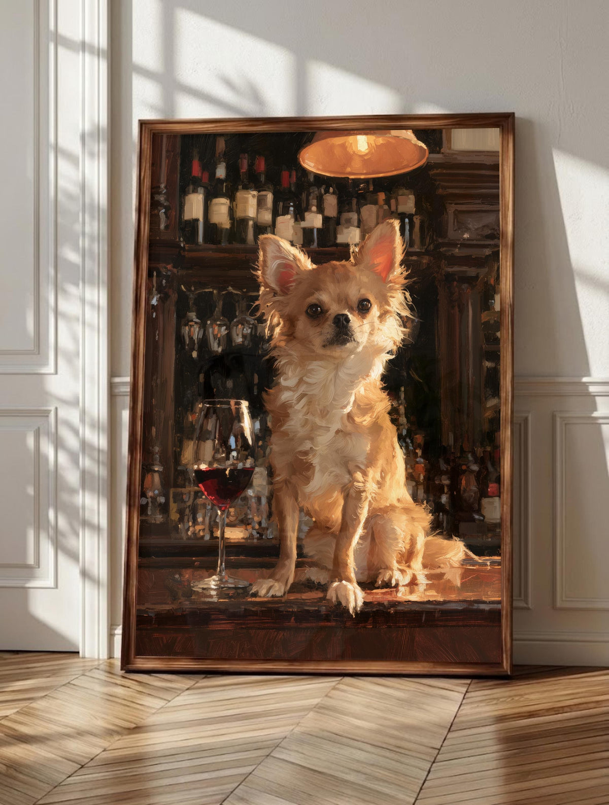 Chihuahua wall art: a small fawn Chihuahua upright on a lamplit bar counter, framed canvas