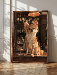 Chihuahua wall art: a small fawn Chihuahua upright on a lamplit bar counter, framed canvas