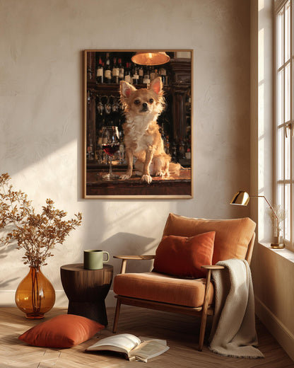 Wine bar dog framed canvas art set in a solid wood frame, ready to hang