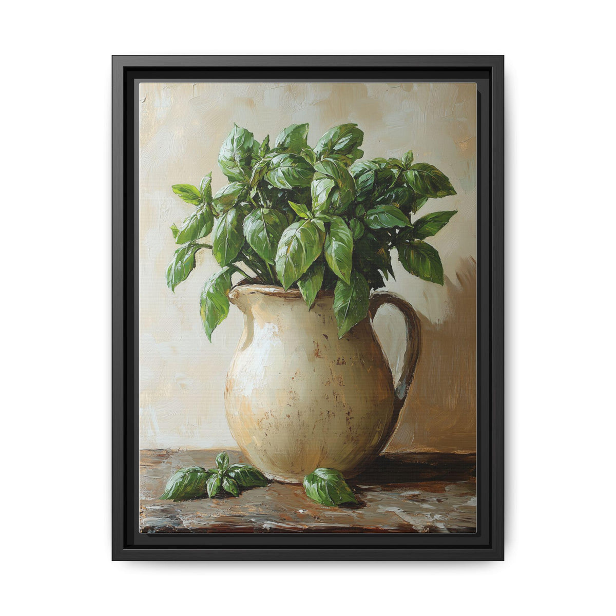 Basil wall art framed canvas print in a black wood frame
