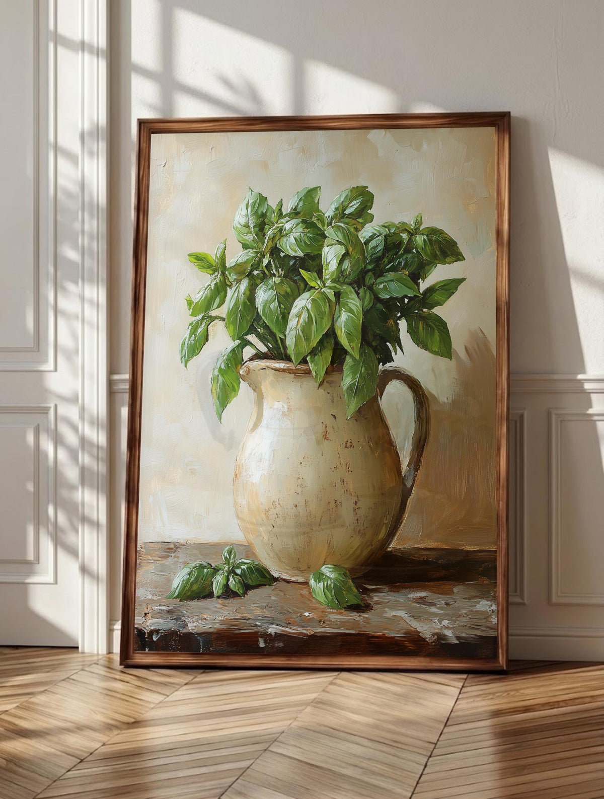 Basil wall art: a lush plant spilling glossy leaves from a weathered pitcher, framed canvas