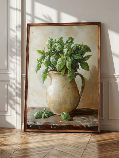 Basil wall art: a lush plant spilling glossy leaves from a weathered pitcher, framed canvas