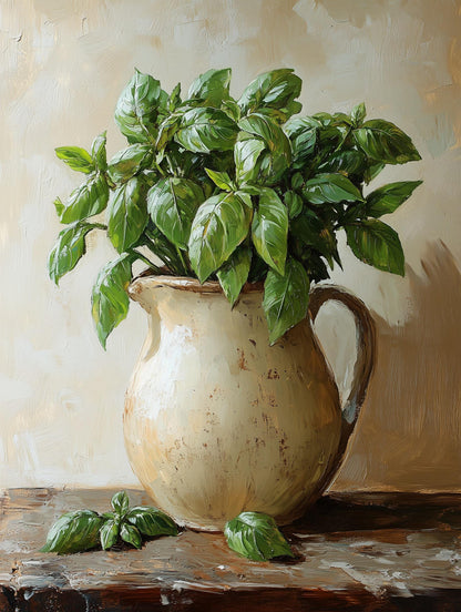 Painterly kitchen herb canvas print with broad green basil leaves