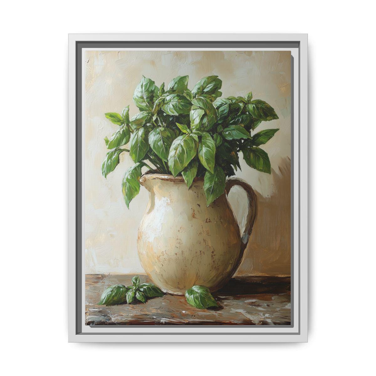 Basil wall art framed canvas print in a white wood frame