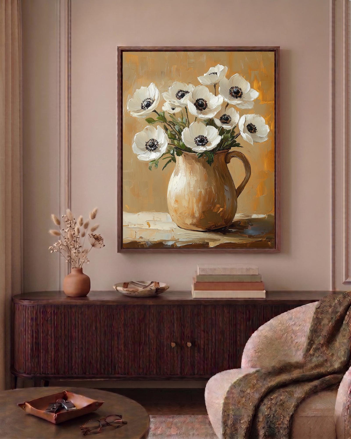 Oil-painting style white anemones printed on cotton canvas, made to order